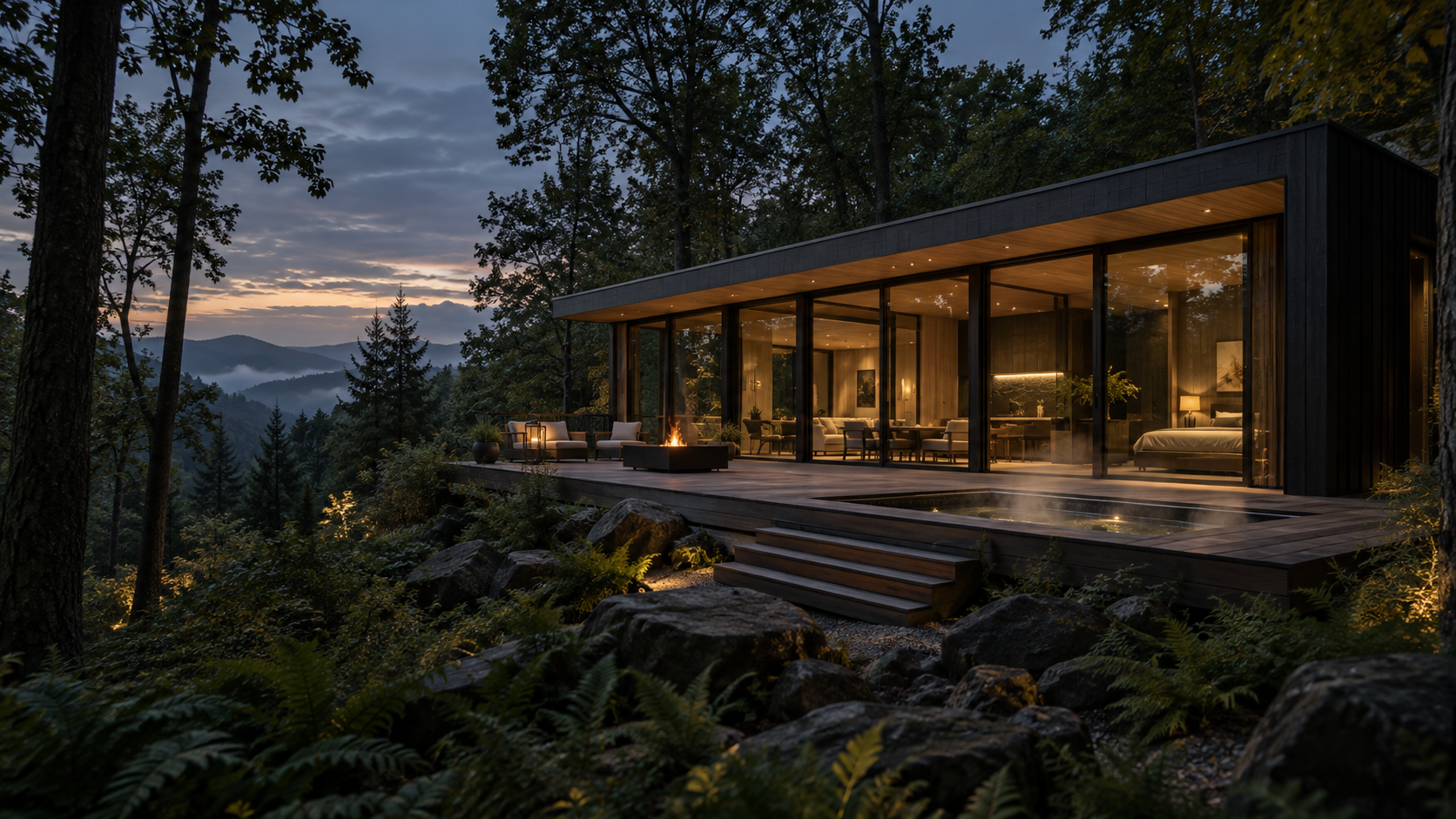 Concept for a modern glass-front ADU in a wooded setting